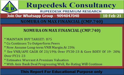 NOMURA ON MAX FINANCIAL (CMP.740) - Rupeedesk Reports - 10.02.2021