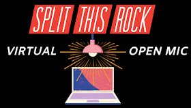 Split This Rock Virtual Open Mic announcement includes a black background with red Split This Rock logo, text that reads "Virtual Open Mic," and an illustration of a hanging lamp sending out rays of light over a laptop.