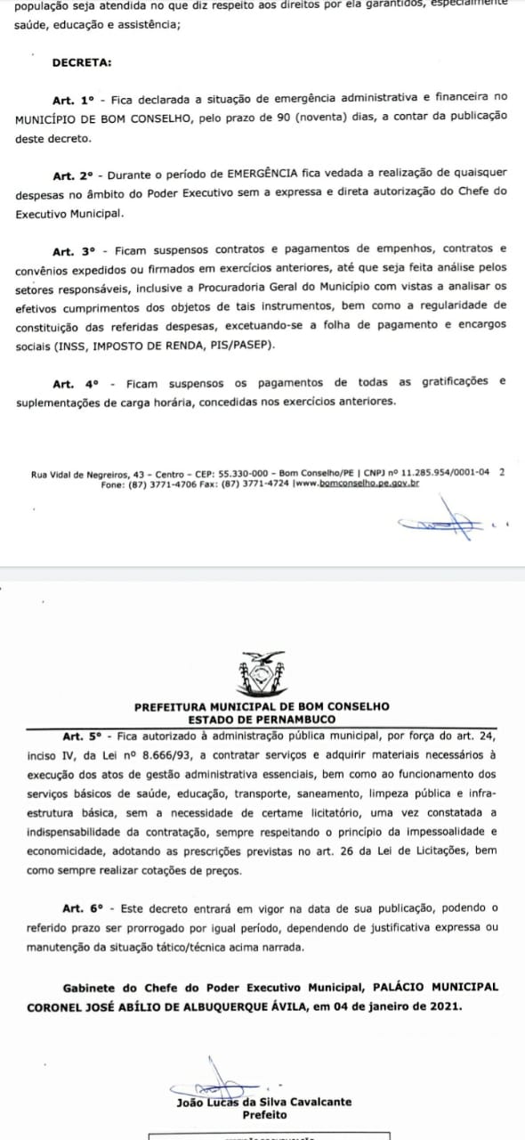 EM QUATRO DIAS DE GESTÃO PREFEITO DE BOM CONSELHO DECLARA SITUAÇÃO DE EMERGÊNCIA ADMINISTRATIVA E FINANCEIRA