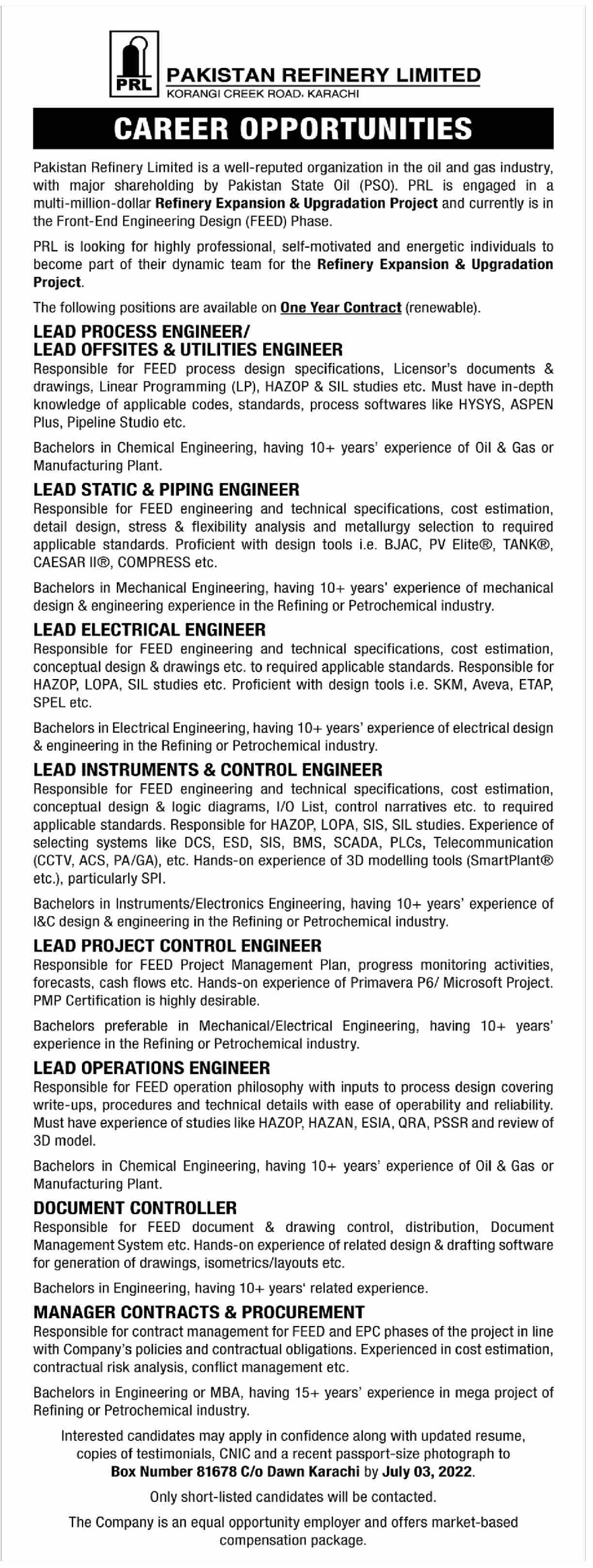 Latest Pakistan Refinery Limited Engineering Posts Karachi 2022