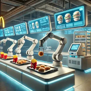 Alt Text: A futuristic fast food kitchen with robotic arms assembling burgers and fries on trays. Digital screens display menu items and AI-driven automation controls the cooking process.