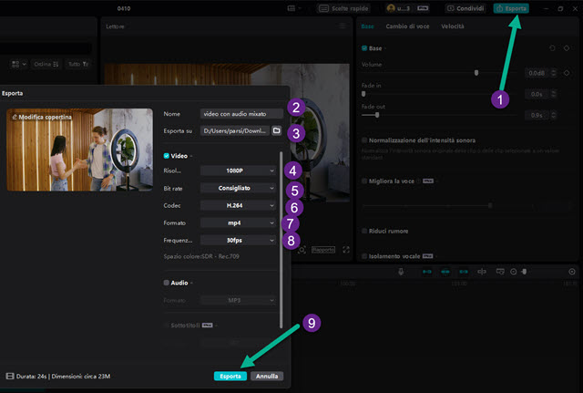 esportare il video con audio mixato