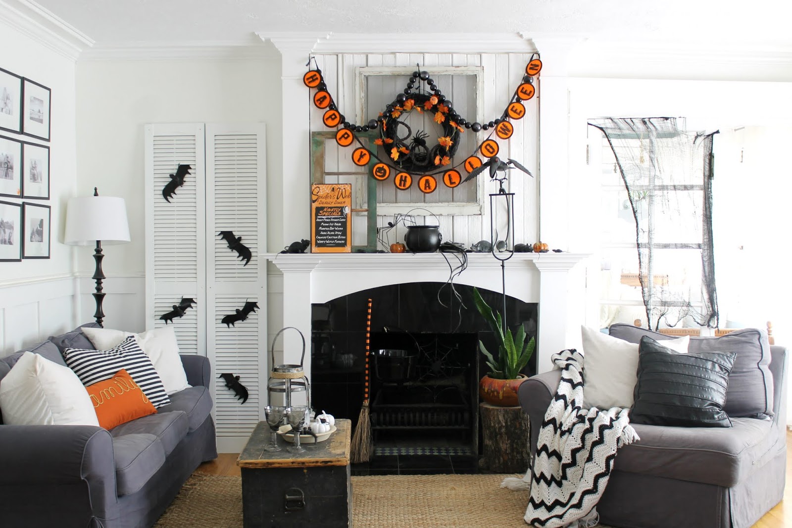 Black White and Orange Halloween Decorating in our Living 