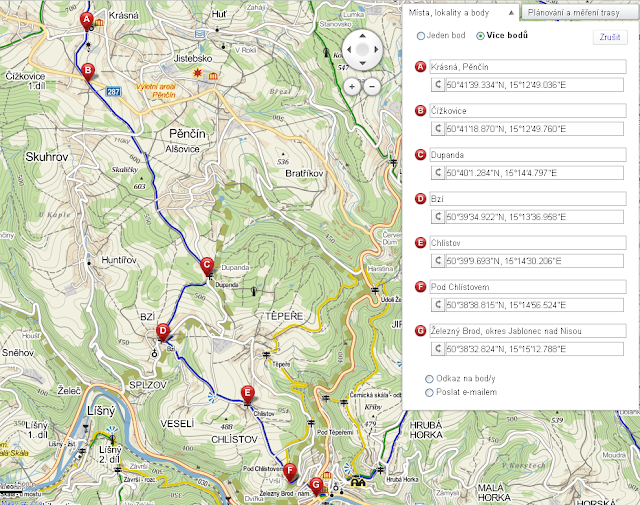 Trasa výletu z Krásné přes Čížkovice, Dupandu, Bzí, Chlístov do Železného Brodu - mapa