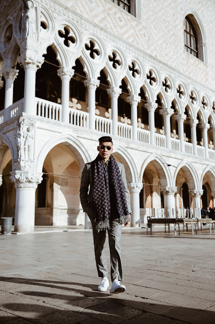 Leo Chan wearing Hart Schaffner Marx Suit on Vacation in Venice, Acne Scarf, Common Project Sneakers | Asian Male Model and Blogger