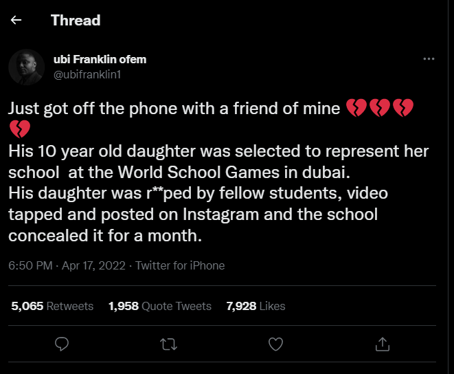 Ubi Franklin calls out ChrisLand school over an alleged r!ped of his friend 10yr old daughter during a school competition in Dubai