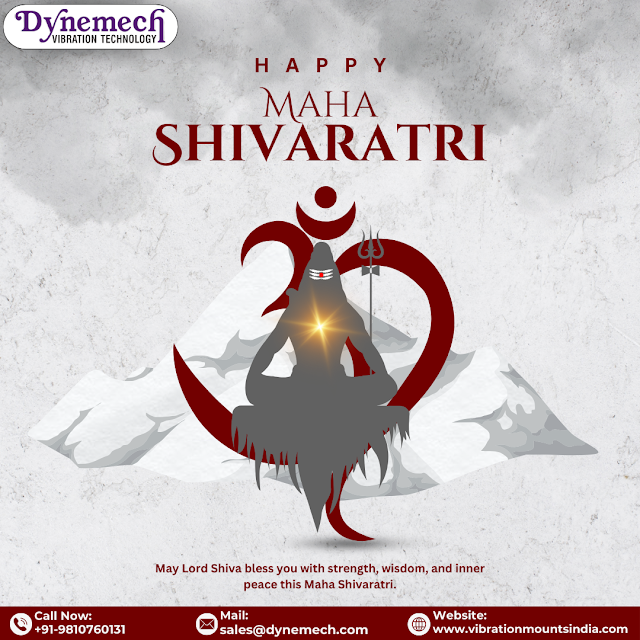 A vibrant Maha Shivaratri greeting with an artistic depiction of Lord Shiva, featuring his trident (Trishul), crescent moon, and sacred Damaru. The background has a spiritual aura with glowing lamps and a night sky, symbolizing the auspicious occasion. The message conveys blessings for strength, prosperity, and inner peace, along with Dynemech’s branding and contact details.