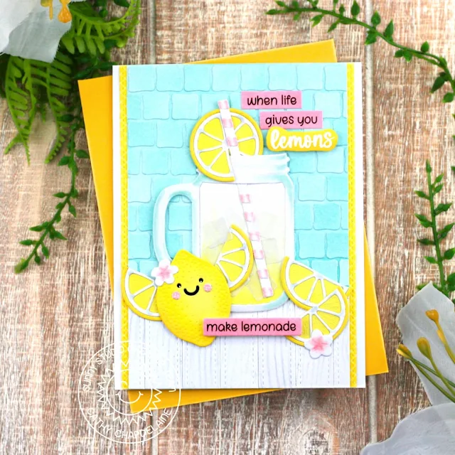 Sunny Studio Stamps: Fresh Lemon Card by Cathy Chapdelaine (featuring Punny Fruit Greetings, Summer Jar Mug Dies, Ribbon & Lace Border Dies, Stitched Rectangles Dies)