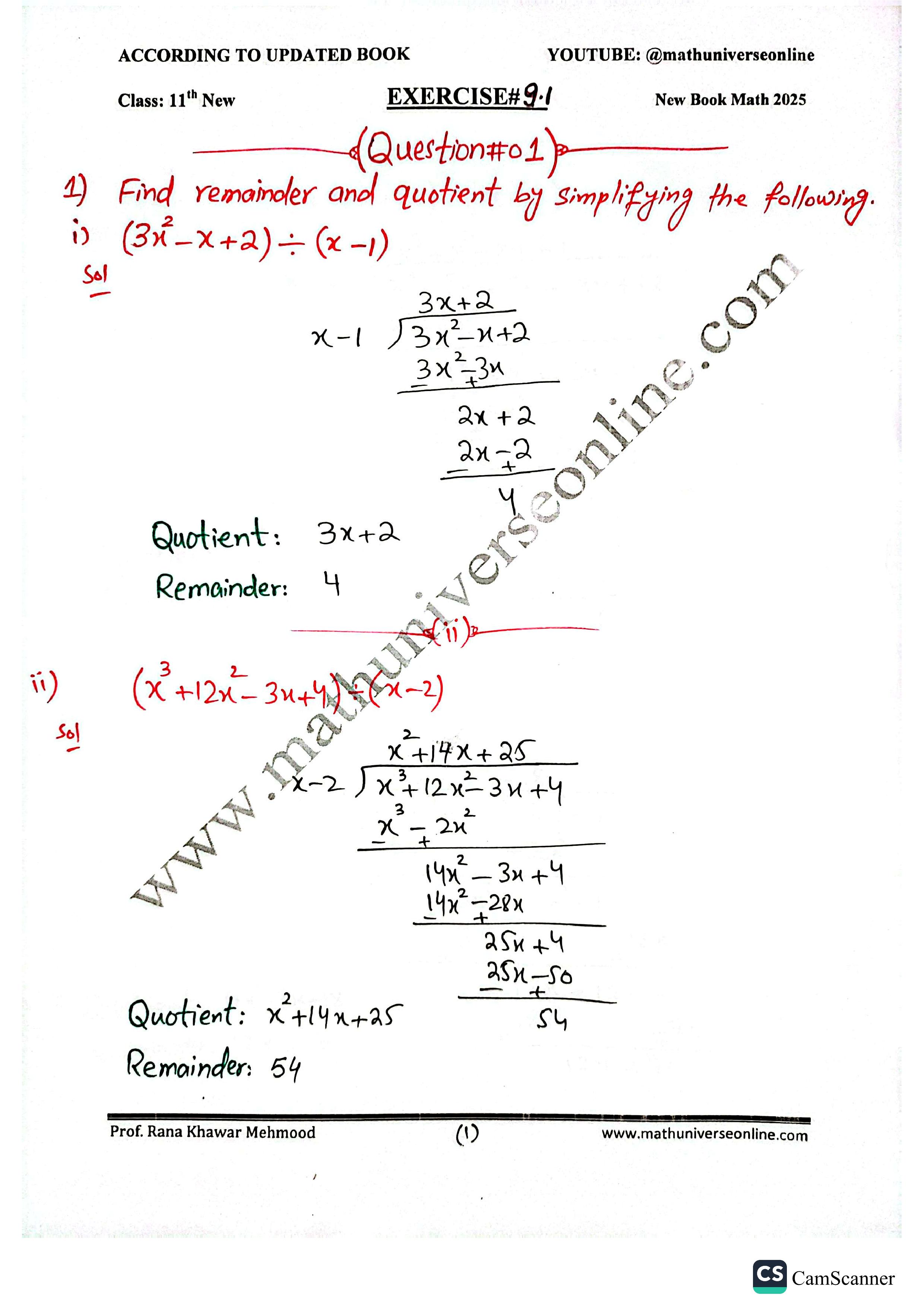 Exercise 9.1 – Polynomials | New First Year Math 2025 | Complete Theory, Division Methods, Theorems