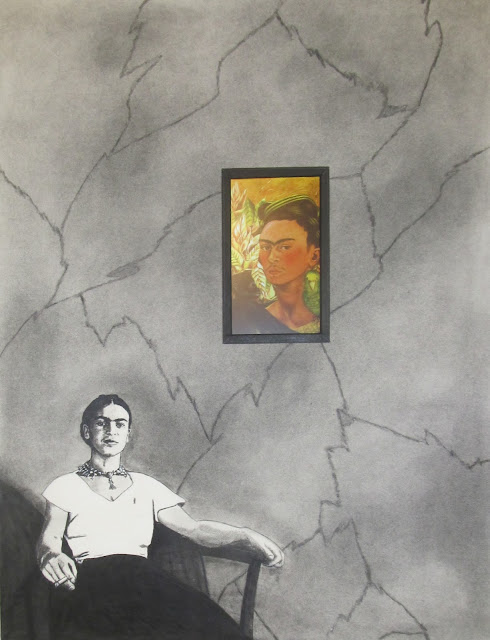 "Frida with Fridas" Charcoal, Conte and Embedded Electronics on Paper  24x18 inches, c. 2015 - By F. Lennox Campello