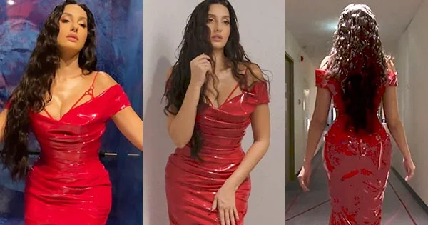 Nora Fatehi curvy red latex dress iifa