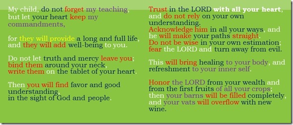 Proverbs 3.1-10 with parallel elements color coded