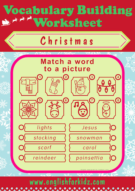 Printable Christmas word to picture matching worksheet