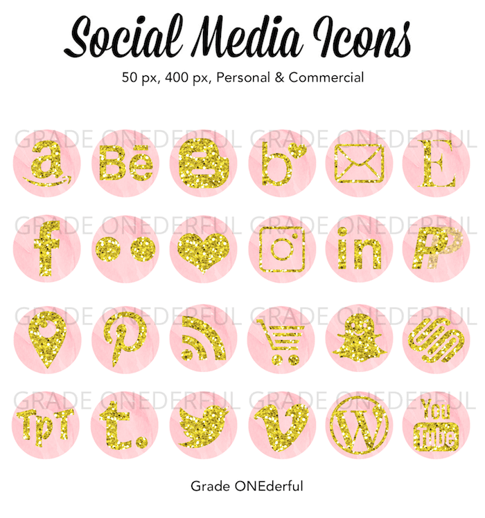 Digital Social Media Icons: Gold glitter on pink watercolor