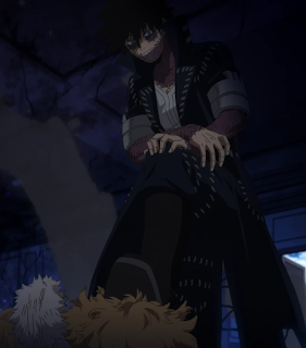 Dabi standing over Hawks' prone body, his boot on his back.