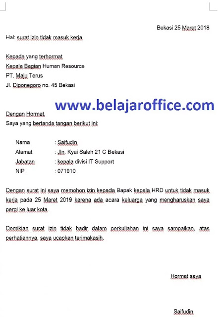 Contoh Surat Izin Kerja (via: belajaroffice.com)