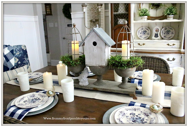 French Country Farmhouse-Dining Room-French Farmhouse-Buffalo Check-Blue and White-Milk Glass-Bird Nest-Pottery Barn-From My Front Porch To Yours