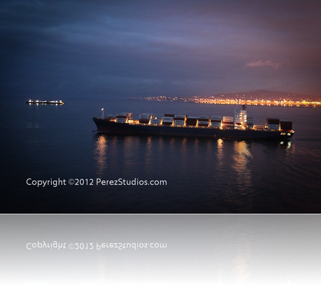Ship outside Port of Los Angeles at night.