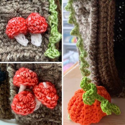 picture shows crocheted mushrooms with red caps and crocheted pumpkins with vines.