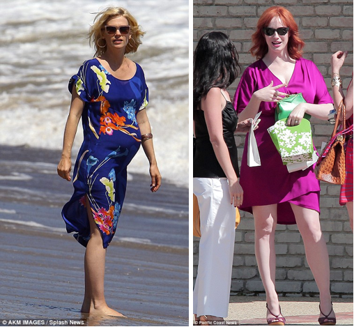 January Jones Hits The Beach For Her Baby Shower. With Christina Hendricks as Guest.