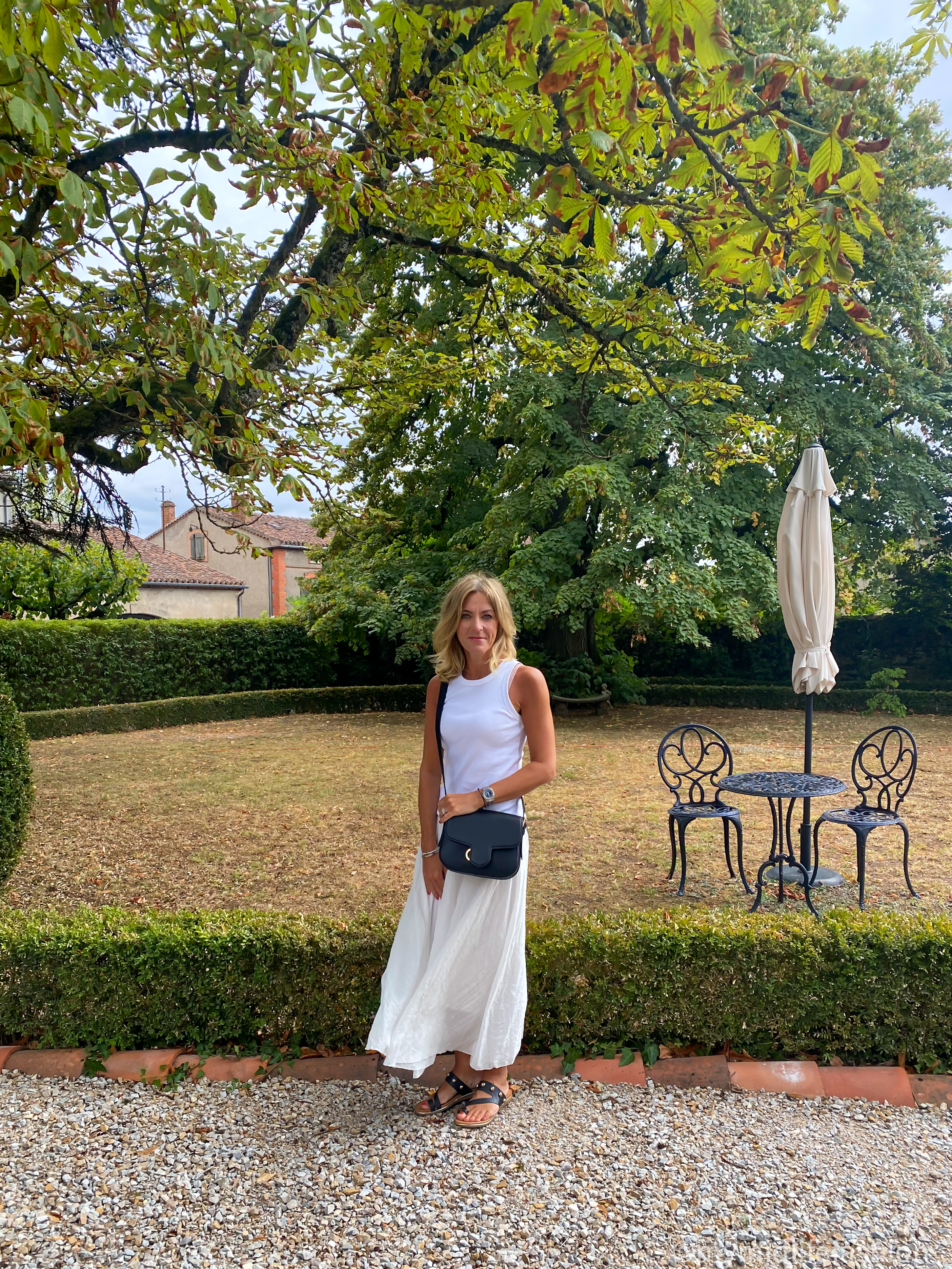 my midlife fashion, Ralph Lauren Addie cross body bag, baukjen ribbbed vest tank tee, amazon linen maxi skirt, carvela studded leather sandals