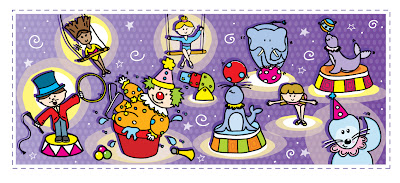 Circus characters on a purple background.