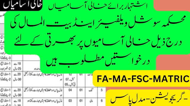 Government Job Department of Social Welfare and Baitul-Mal In Punjab 2024, warden, junior clerk, attendant, Cooke, Naib Qased,