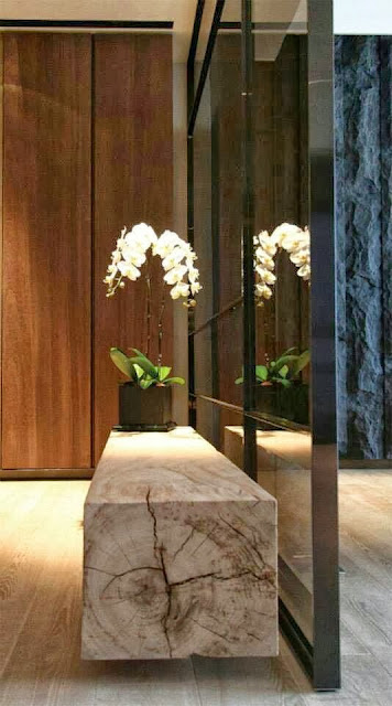 bench from log, white flowers, floor length glass