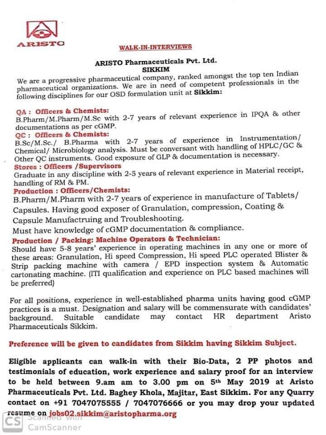 Aristo Pharma | Walk-in interview for Production/QC/QA/Stores | 5th May 2019 | Sikkim