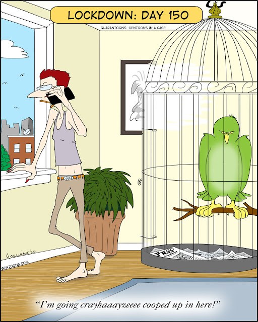 Small downtown apartment. in the foreground a birdcage with an angry-looking green budgie perched inside it.  In the background a skinny bored person leans against the window, looking out and talking on the phone, saying, "I'm going CRAZY cooped up in here."