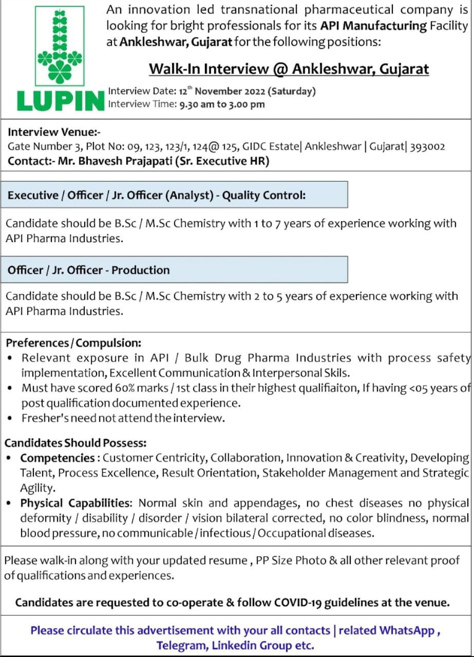 Job Availables, Lupin Ltd Walk-In Interview for BSc/ MSc Chemistry