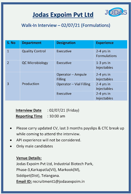 Job Availables, Jodas Expoim Pvt. Ltd Walk-In Interviews for Production, QC, QC-Microbiology