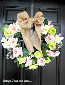 Vintage, Paint and more... DIY spring wreath with faux flowers and burlap ribbon