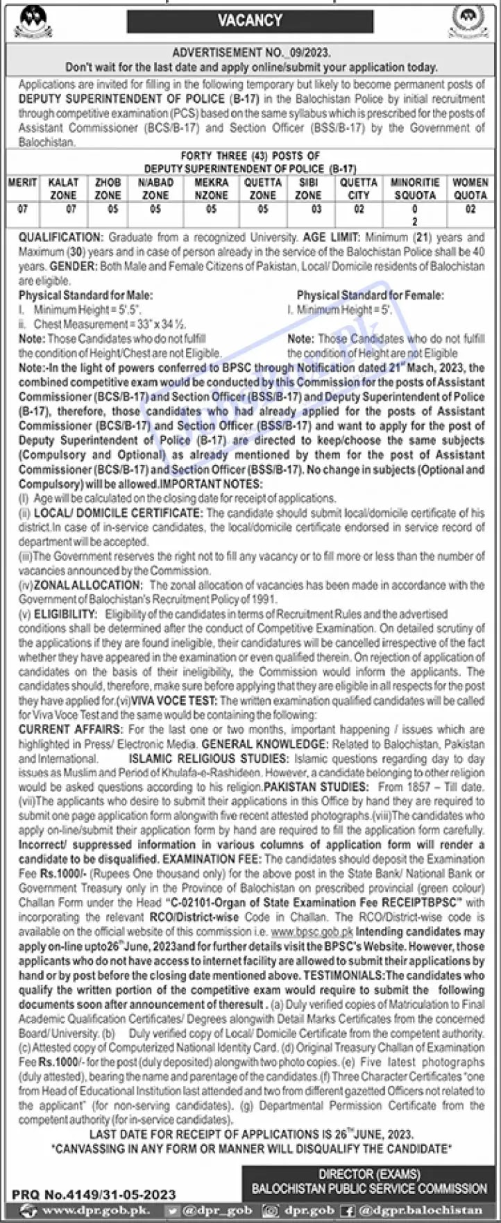 Balochistan Public Service Commission BPSC Jobs 2023 Advertisement No. 9