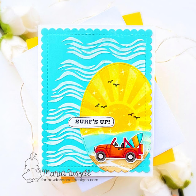 Surf’s Up card by Maria Russell | Beach Bound Stamp Set, Sunscape Stencil, Waves Stencil, Oval Frames Die Set and Frames & Flags Die Set by Newton's Nook Designs #newtonsnook
