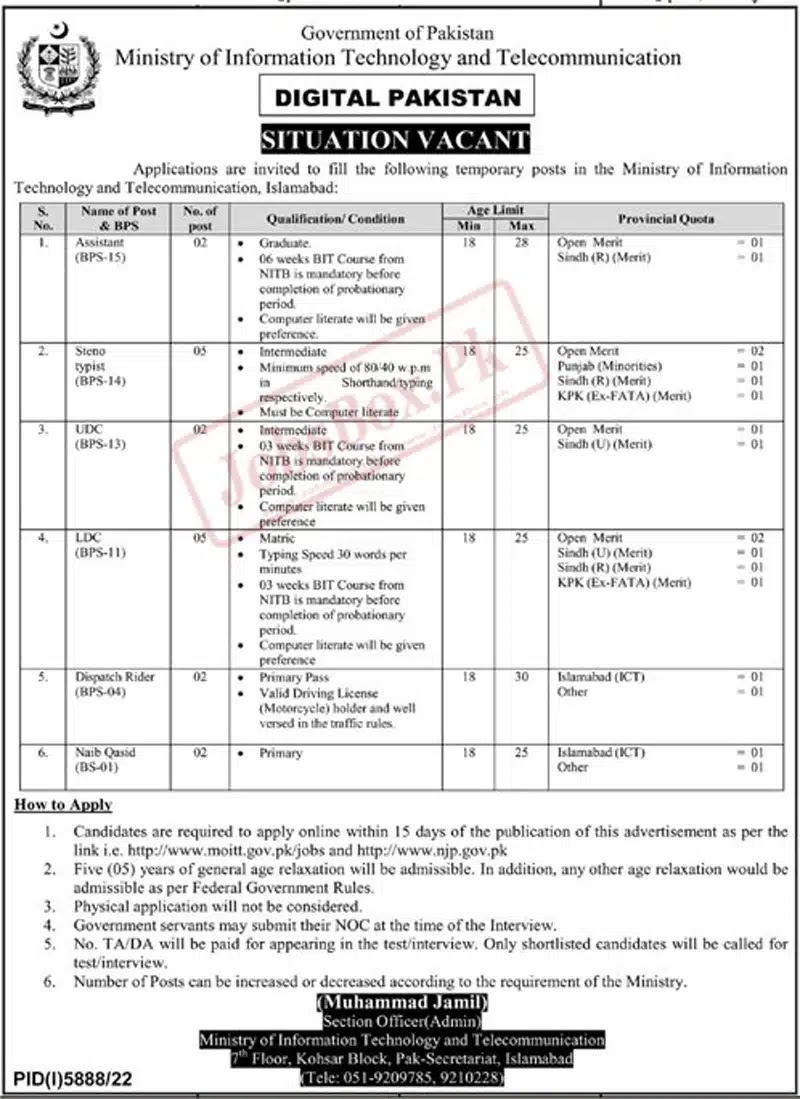 Ministry of IT and Telecommunication MOITT Jobs 2023- Latest Advertisement