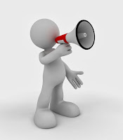 White 3-d stick figure speaking through a bullhorn