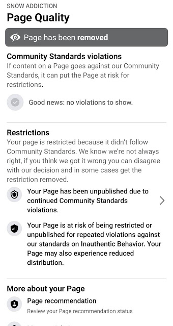 META/Facebook Removed/Unpublished Snow Addiction Facebook Page with 120k Followers Without Reason