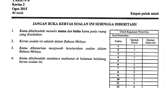 Soalan Matematik Kertas 2 Percubaan UPSR 2015 Negeri 