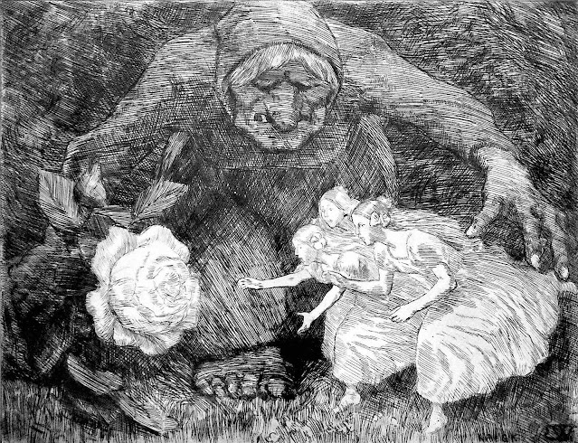 an Erik Werenskiold illustration of a witch tricking girls into a bag