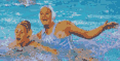 a pixelated image of 2 female water polo players, one with an exposed breast