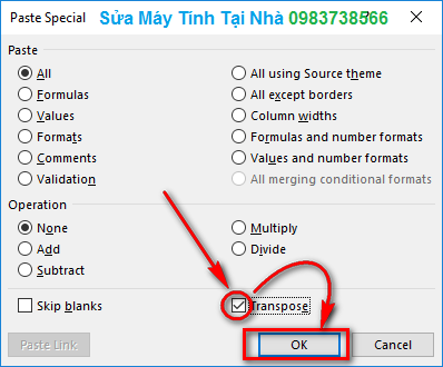 Chọn Transpose