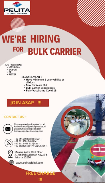 Loker Pelaut Pelita Global Logistik Kapal Bulk Carrier 2023