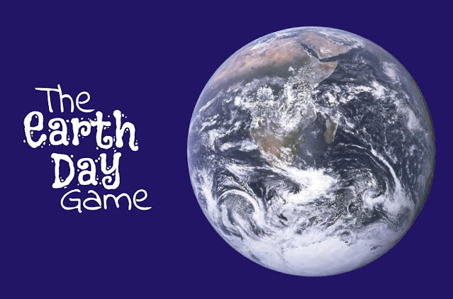 A photo of the Earth taken from space and funky lettering that says, 'the earth day game'.