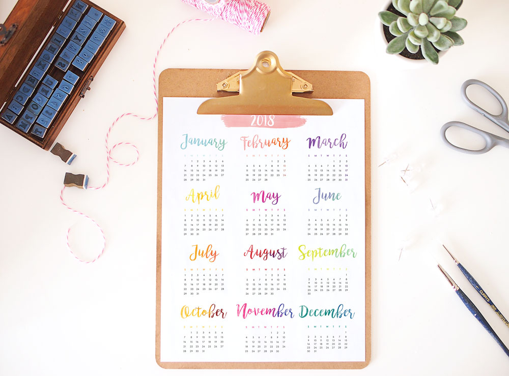 2018 Watercolour Calendar Printable Free Download via tingandthings.com