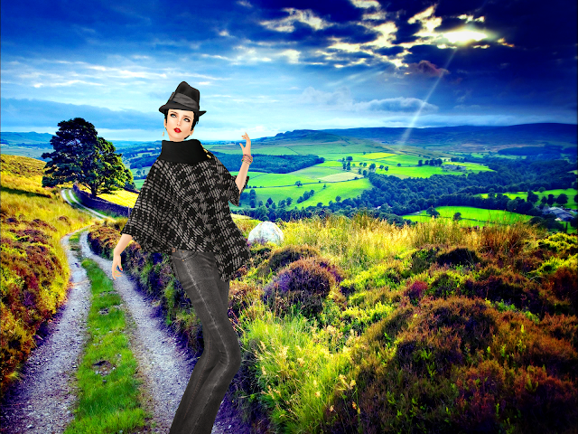 Second Life Fashion Black Fedora, Black/Gray Poncho, black jeans, on a country road on a overcast day with sun trying to show it's face