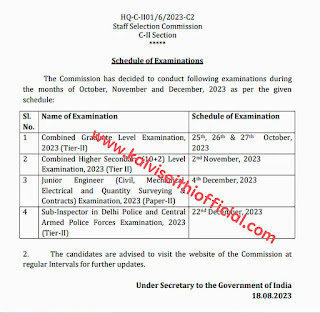 2023ம் ஆண்டு நடத்தப்படவிருக்கும் தேர்வுகளுக்கான அட்டவணையை வெளியிட்டது ஒன்றிய அரசு பணியாளர் தேர்வு ஆணையம் (SSC)