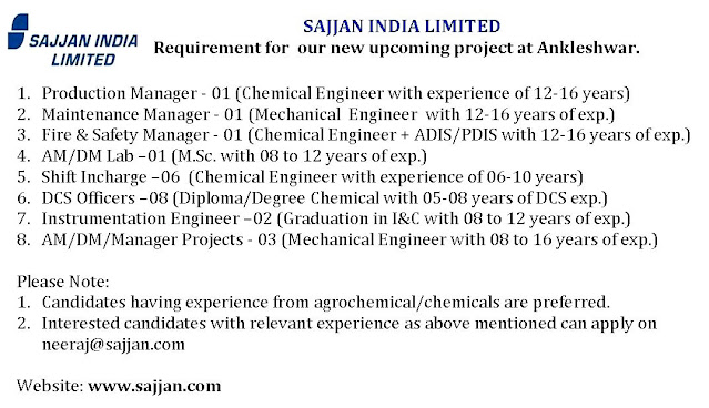 Job Availables, Sajjan India Ltd Job Vacancy For Production ( DCS/ Manager/ Shif in Charge) / Maintenance/ Fire& Safety/ Lab/ Instrumentation/Project