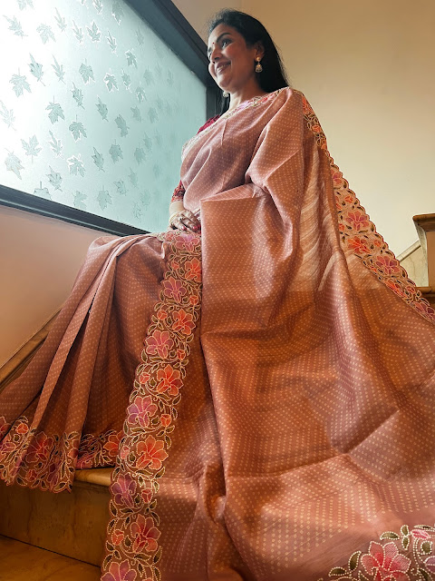 Unveiling the Delicate Charms of Onion Pink Tussar Saree: Embroidered Elegance with a Subtle Palette