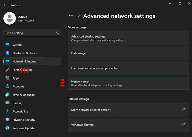 Network & Internet Advanced Network Settings Network Reset Windows 10